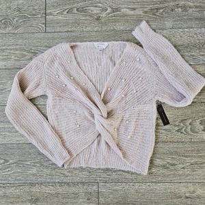 No Boundaries Pink Twist Front Sweater with Pearl Bead Accents
